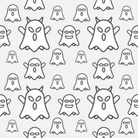 Cute white ghost seamless pattern design template. Black outline design style in Light Grey color background. Flat character vector illustration.