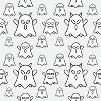 Cute white ghost seamless pattern design template. Black outline design style in Light Grey color background. Flat character vector illustration.