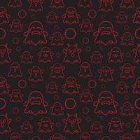 Cute ghost seamless pattern design template. Red outline design style in black color background. Flat character vector illustration.