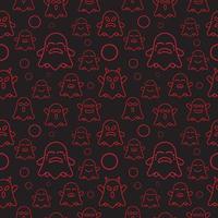 Cute ghost seamless pattern design template. Red outline design style in black color background. Flat character vector illustration.