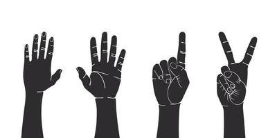 Hand gesture. Painted hands. Teamwork hands, hands in the air, voting hands. Vector illustration