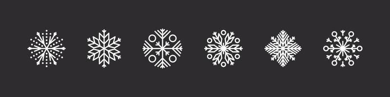 Snowflakes icon set. White snowflakes on a dark background. Xmas signs. Beautiful snowflakes signs. Vector illustration