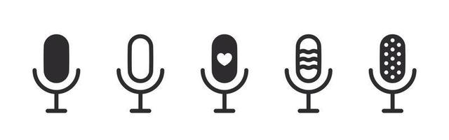 Microphone icons. Microphones with different icons. Podcast microphone signs. Vector icons