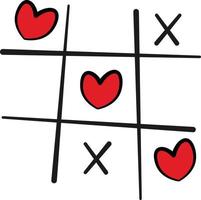 juego de dibujo lineal de tres en raya con corazones rojos. gráfico vectorial del día de san valentín. juego de amor. vector