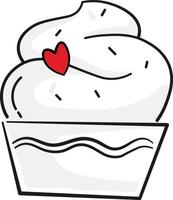 Cute cupcake line drawing with red hearts in frosting. Valentines day vector graphic.