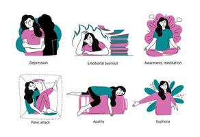 Set of concepts of mental health and psychology. Psychological disorders, various positive, negative states of people. Vector illustration isolated on a white background.