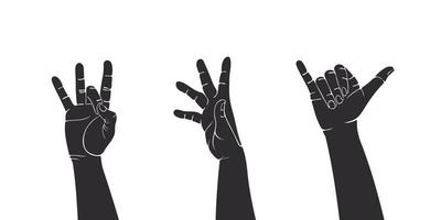 Hands showing different signs. Painted hands. Teamwork hands, voting hands. Vector illustration