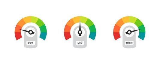 Rating scale. Measuring scale. Efficiency meter. Risk meter. Performance measurement concept. Vector illustration