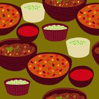 patrón impecable con comida mexicana chili con carne, guacamole, ilustración de salsa roja vector