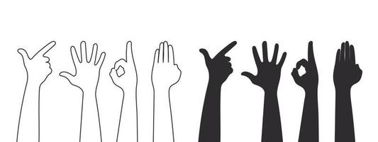 Hand gesture silhouettes. Teamwork hands, collaboration, voting hands. Vector illustration