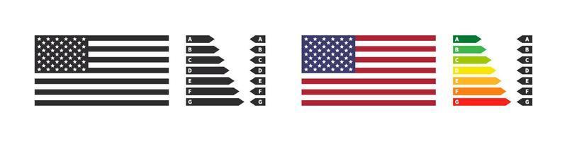 Energy efficiency badges of the USA. Energy rating chart arrows and flag. Vector illustration