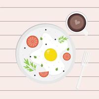 comida desayuno deliciosos huevos revueltos con tomate y café vector