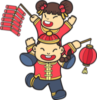 crianças chinesas desenhadas à mão com ilustração de fogos de artifício e lanternas png
