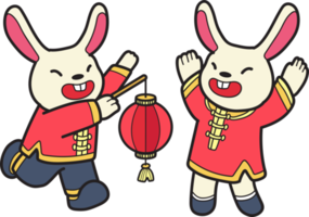 conejo chino dibujado a mano con ilustración de linterna png