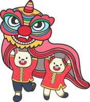 Hand Drawn Chinese lion dancing with a rabbit illustration png