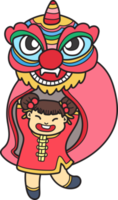 dibujado a mano danza del león chino con ilustración de niña china png