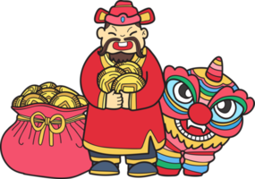 hand- getrokken rijkdom god en Chinese leeuw illustratie png