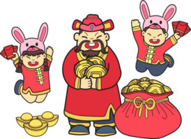 Hand Drawn Chinese Wealth God and Chinese Boy with girls illustration png