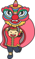 Hand Drawn Chinese lion dancing with Chinese boys illustration png