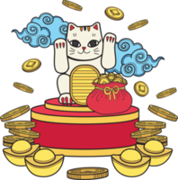 gato afortunado dibujado a mano con ilustración de dinero png