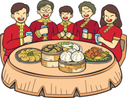 familia china dibujada a mano con ilustración de mesa de comida china png