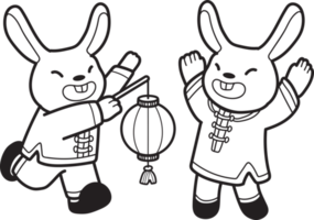 conejo chino dibujado a mano con ilustración de linterna png
