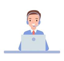 The guy is an operator with headphones and a laptop. Technical support for customers 24-7, telephone hotline for business. Vector illustration in flat style.