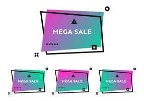 mega Venta. conjunto de cuatro banners geométricos multicolores de moda. forma de degradado moderno con texto de promoción. ilustración vectorial vector