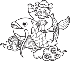 dieu de la richesse chinoise dessiné à la main et illustration de koi png