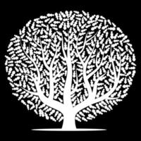 White tree with leaves on black background. Vector illustration