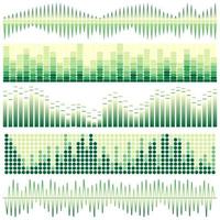 Vector set of green sound waves. Audio equalizer. Sound and audio waves isolated on white background.