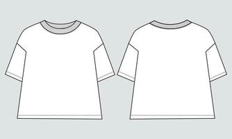 plantilla de moda de boceto técnico de camiseta de manga corta para mujeres. ilustración de arte vectorial ropa simulada vistas frontal y posterior vector