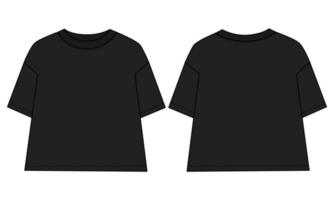 plantilla de moda de boceto técnico de camiseta de manga corta para mujeres. ilustración de arte vectorial ropa simulada vistas frontal y posterior vector