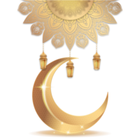 ornement islamique avec croissant de lune doré, mandala et lanterne png