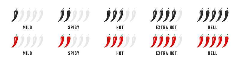 Spicy level labels. Chili spicy meter. Red spicy chili peppers. Spicy and hot. Vector illustration