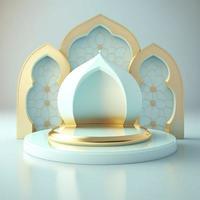 Islamic ramadan podium background of futuristic and modern 3d realistic mosque with scene and stage for product display photo