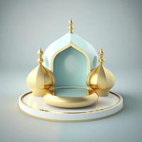 Islamic ramadan podium background of futuristic and modern 3d realistic mosque with scene and stage for product display photo