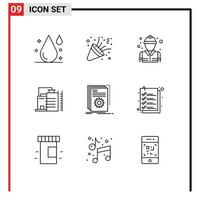 Mobile Interface Outline Set of 9 Pictograms of build industry fighter factory building Editable Vector Design Elements