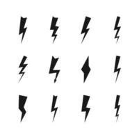 Set of twelve dark thunderstorms. Thunderbolt and high voltage black icons on white background. Vector illustration.