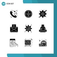 9 Thematic Vector Solid Glyphs and Editable Symbols of cogwheel media security mail user Editable Vector Design Elements
