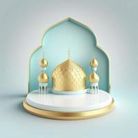 Islamic theme product display background in 3d rendering illustration design, Mosque portal frame with podium or stage and empty space. photo
