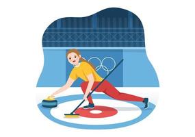 ilustración de deporte de curling con juego de equipo de rocas y escoba en anillo de hielo rectangular en plantilla dibujada a mano de dibujos animados planos de campeonato vector