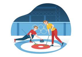 ilustración de deporte de curling con juego de equipo de rocas y escoba en anillo de hielo rectangular en plantilla dibujada a mano de dibujos animados planos de campeonato vector