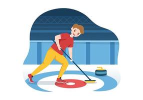 ilustración de deporte de curling con juego de equipo de rocas y escoba en anillo de hielo rectangular en plantilla dibujada a mano de dibujos animados planos de campeonato vector