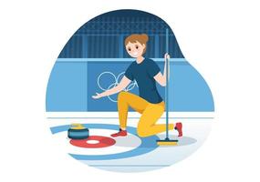 ilustración de deporte de curling con juego de equipo de rocas y escoba en anillo de hielo rectangular en plantilla dibujada a mano de dibujos animados planos de campeonato vector