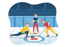 ilustración de deporte de curling con juego de equipo de rocas y escoba en anillo de hielo rectangular en plantilla dibujada a mano de dibujos animados planos de campeonato vector