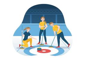 ilustración de deporte de curling con juego de equipo de rocas y escoba en anillo de hielo rectangular en plantilla dibujada a mano de dibujos animados planos de campeonato vector