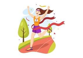 ilustración de carrera de maratón con gente corriendo, trotando en un torneo deportivo y corriendo para llegar a la línea de meta en una plantilla plana dibujada a mano vector