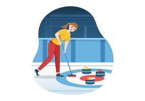 ilustración de deporte de curling con juego de equipo de rocas y escoba en anillo de hielo rectangular en plantilla dibujada a mano de dibujos animados planos de campeonato vector