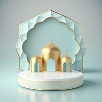 Islamic theme product display background in 3d rendering illustration design, Mosque portal frame with podium or stage and empty space. photo